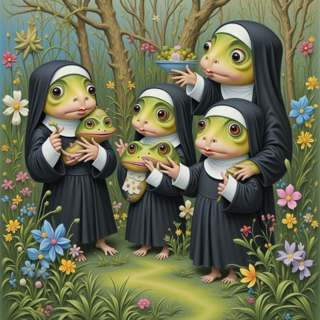 Frogs dressed as nuns <lora:PINK CROSS CHURCH:1.0> <lora:Rainbows:1.0>