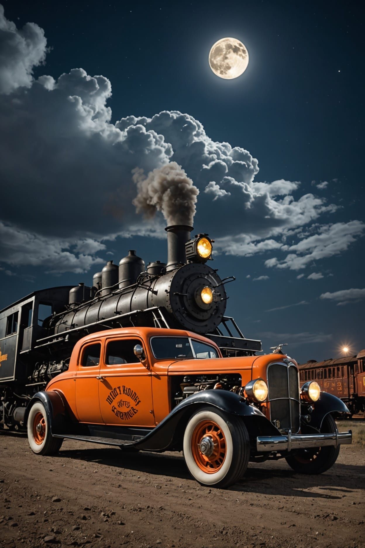 Vintage Hot Rods and Ghost Locomotive at Night