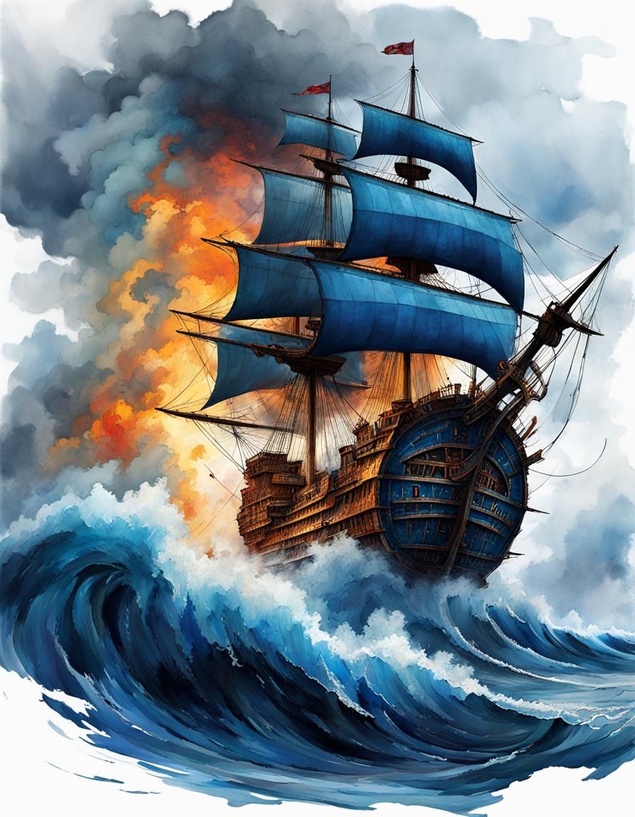 Burning Galleon in Stormy Seas