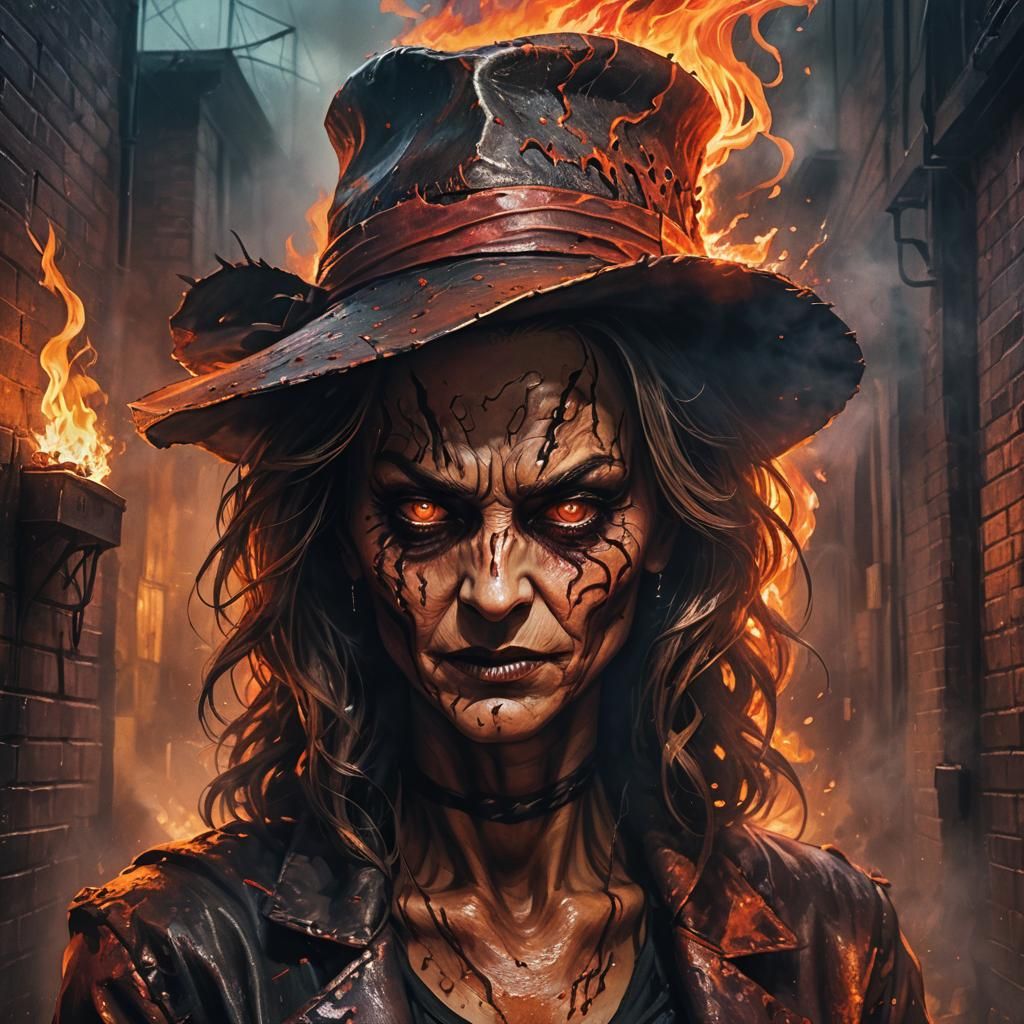 Dark Fantasy Horror Villainess in Burning Alleyway
