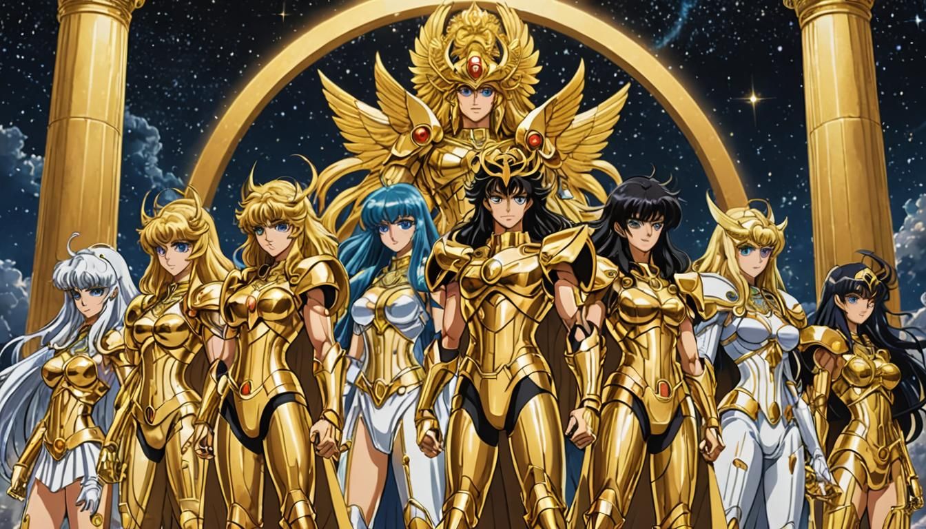 The 12 Gold Saints of Athena from Saint Seiya pose together as a formidable team, radiating power and unity. The scene i...
