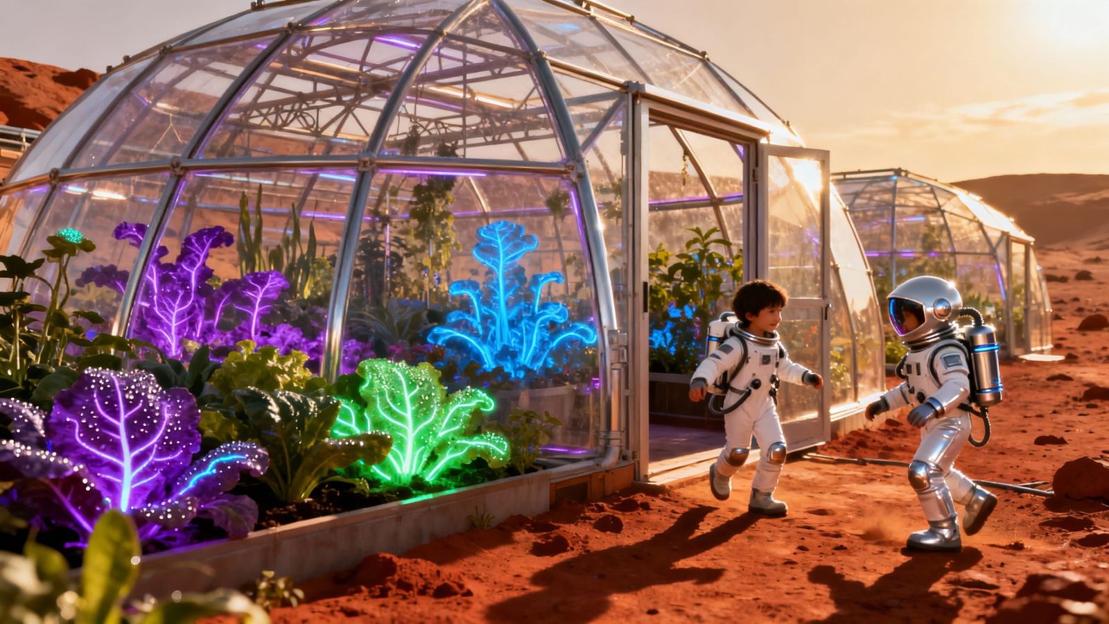 Children Play in Martian Greenhouses with Alien Crops