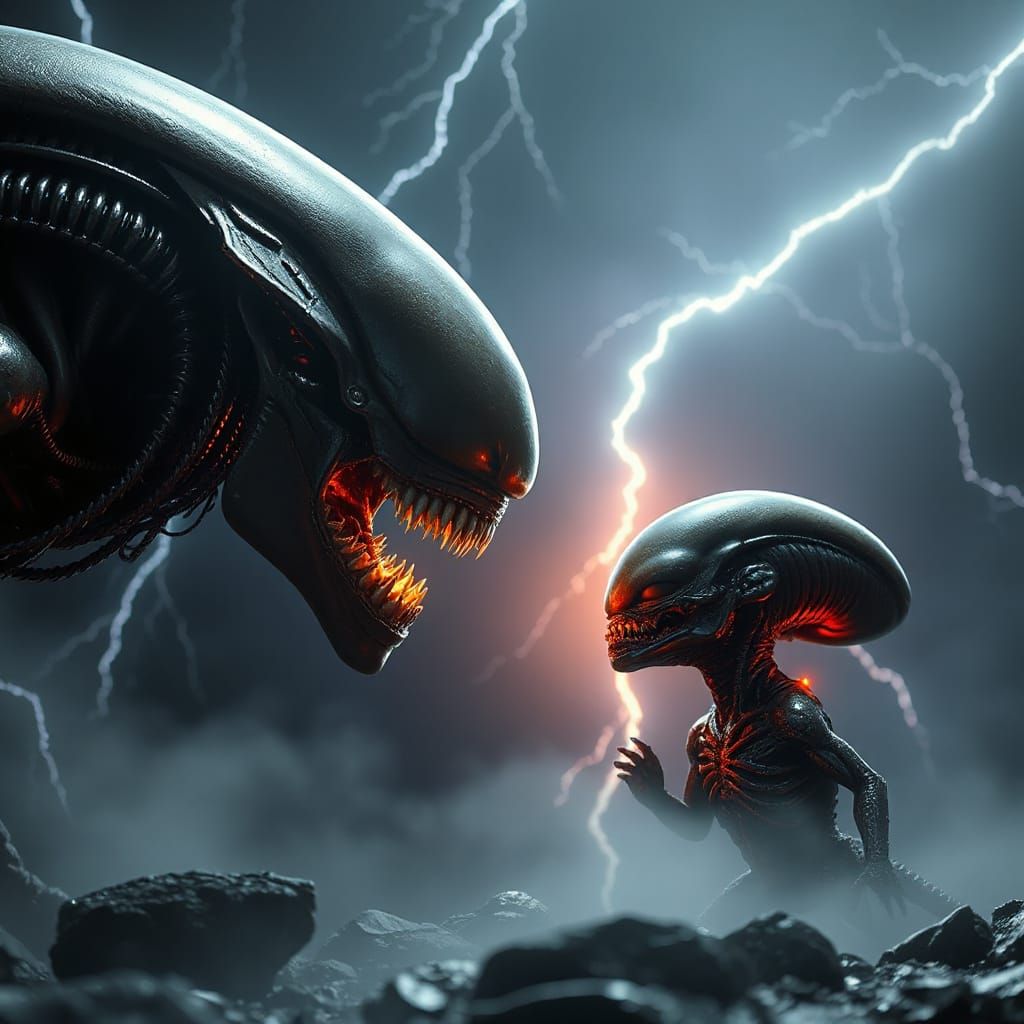 Xenomorphs Confront Each Other Under Dramatic Lightning