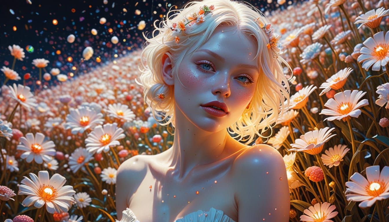 Albino Fairy Woman in Candy Flower Field