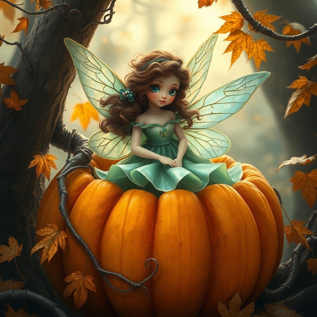 Enchanted Fairy in Pumpkin, Czech Folk Art Style