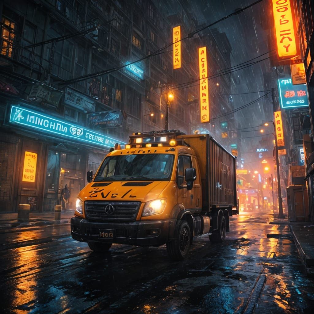 Neon City Trash Truck in a Densely Populated Metropolis