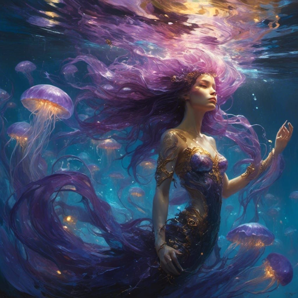 Mermaid with Glowing Tail and Bioluminescent Jellyfish