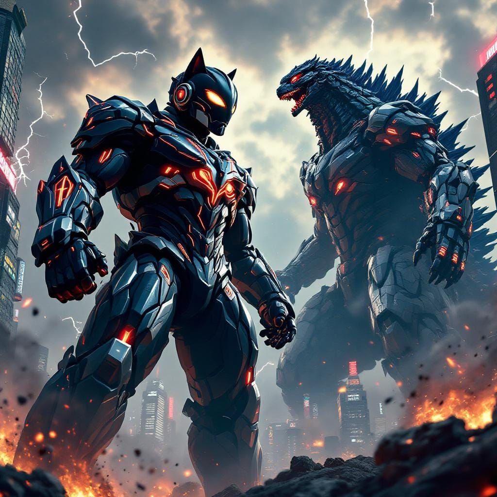 Heroic Cat Kaiju Battles MechaGodzilla in Cyberpunk City