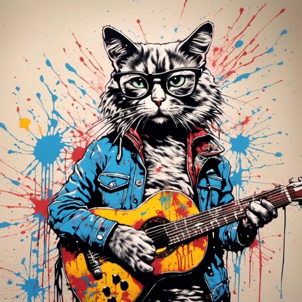 Cat Musician in Splatter Graffiti Style