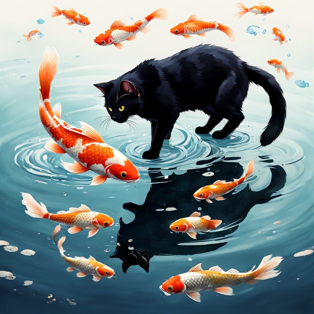 Black Cat Plays With Twin Koi Fish