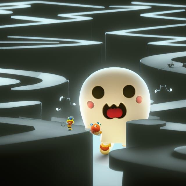 Ms. Pac-Man Chasing Ghosts in 3D CGI Labyrinth