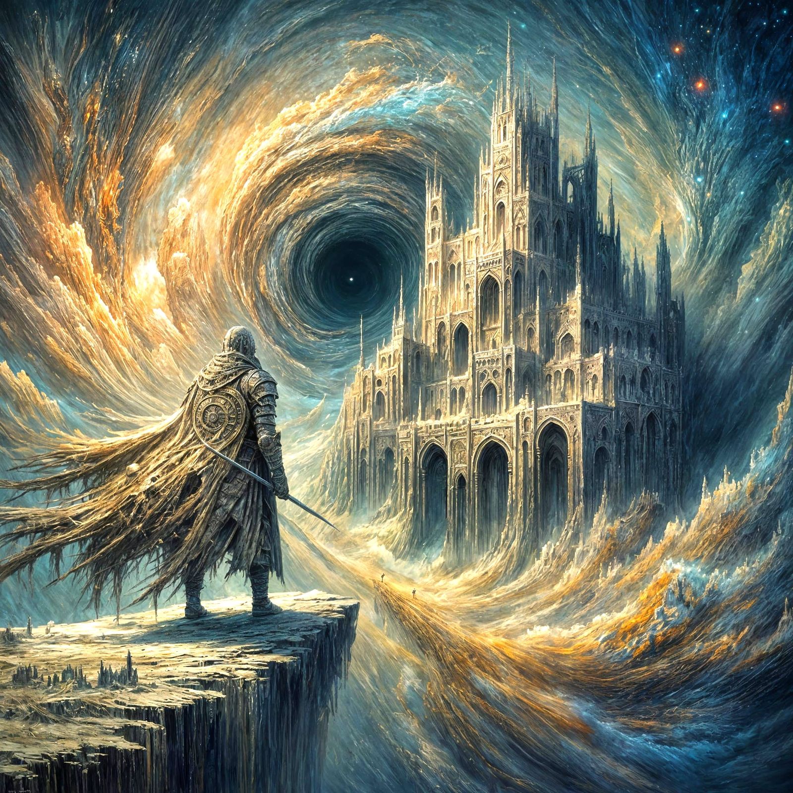 Ancient Warrior Overlooking Cosmic Citadel in Dark Fantasy S...