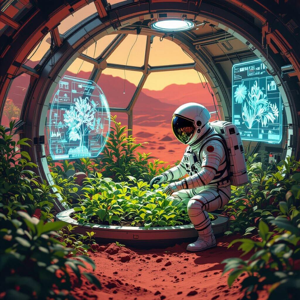Astronaut's Glowing Garden on Mars: Retro-Futuristic Art