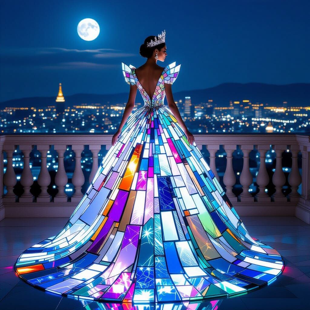 Iridescent Queen Overlooks Dazzling Glass City