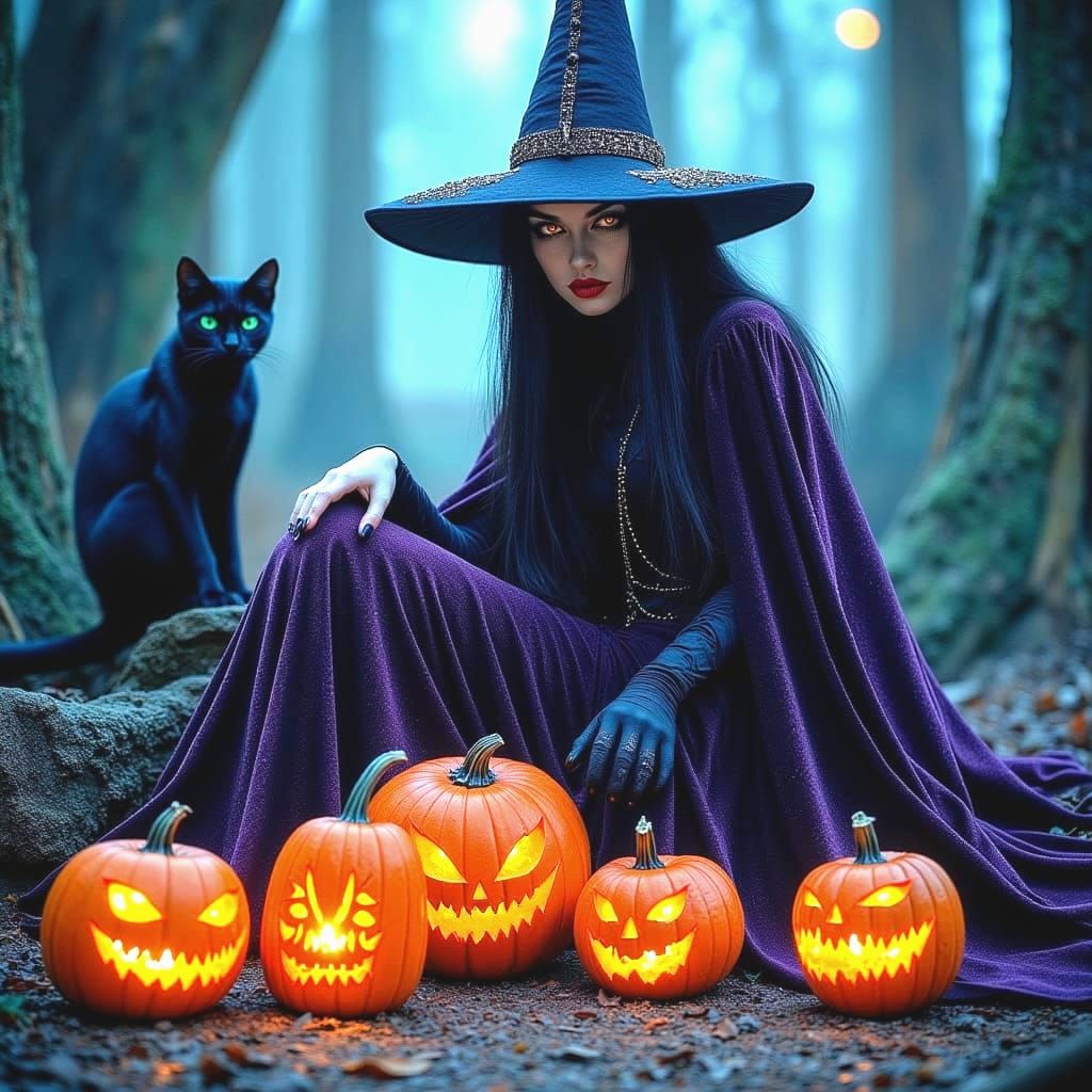 Witch, Cat, and Pumpkins Lit by Firelight