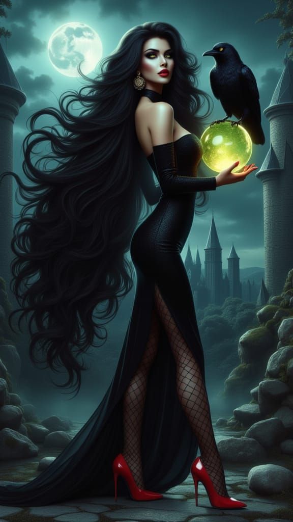 Elvira with Crystal Ball in Haunted Castle