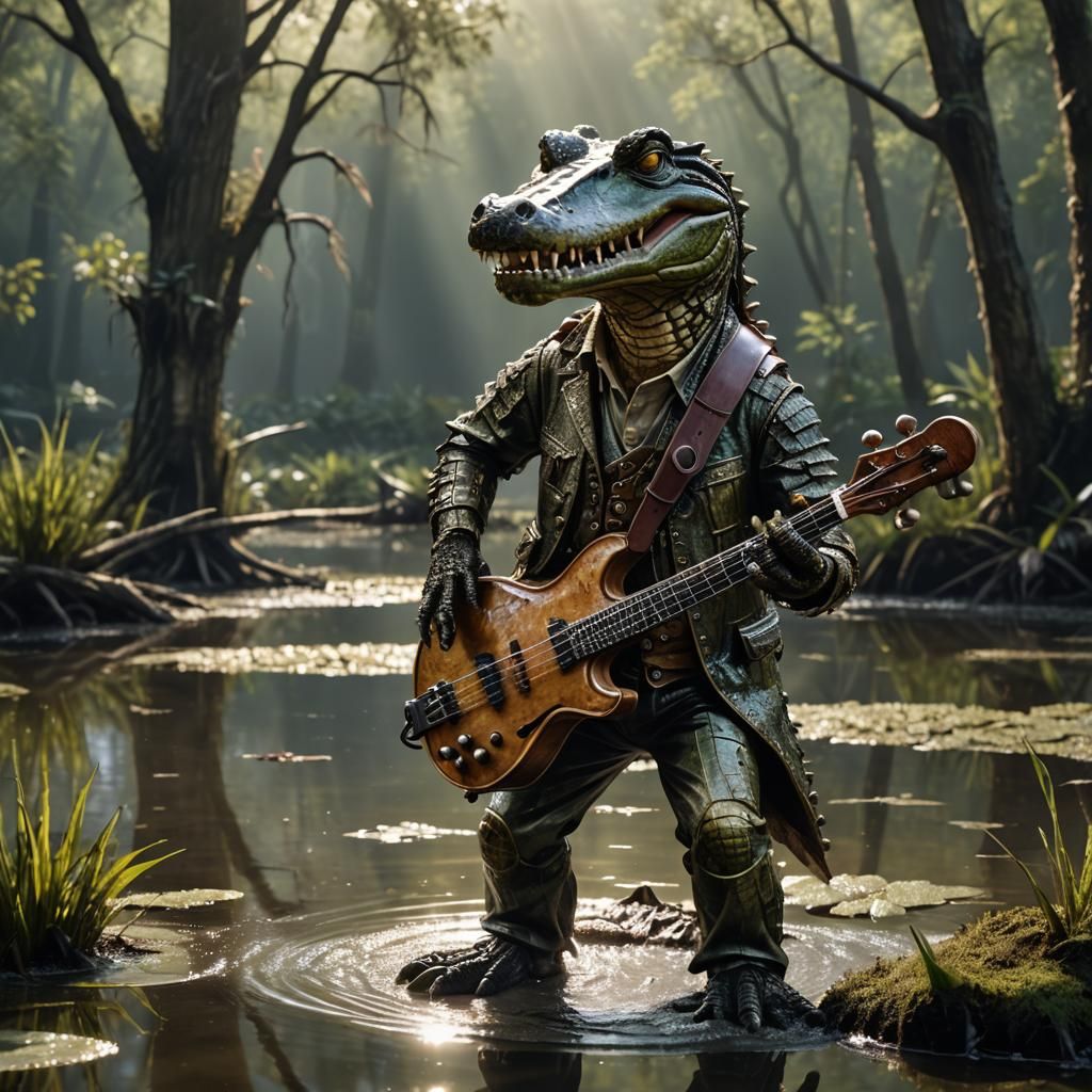 Rocking Crocodile Plays Violin in Swamp Photo