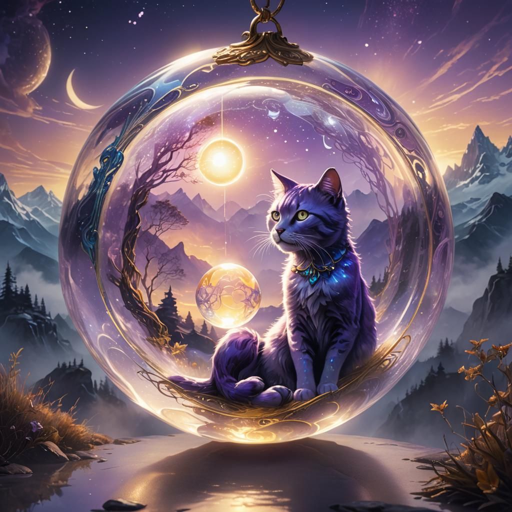 Glass Cat in Mystical Orb Fantasy Art