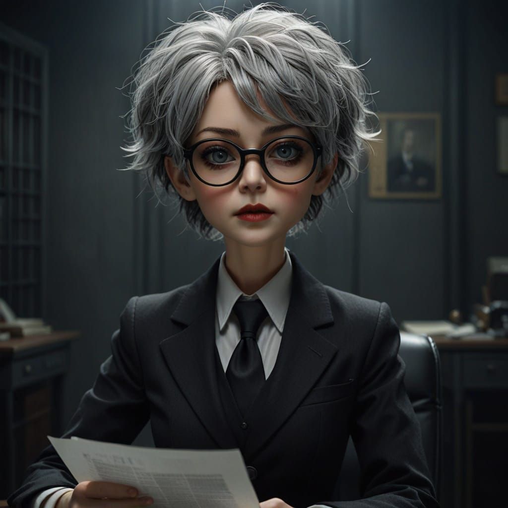 Charismatic Female Director in a Gothic-Themed Office