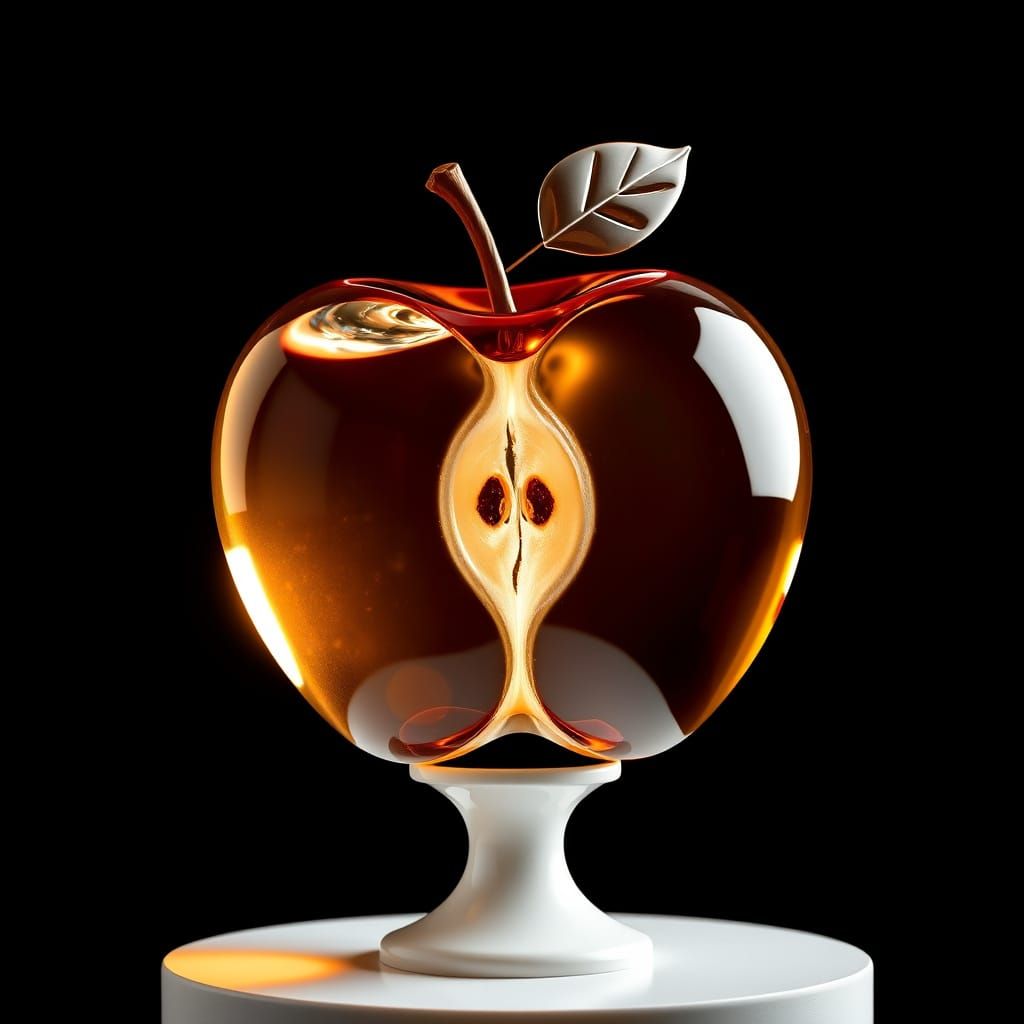 Shiny Glass Apple Splits Into Two Halves