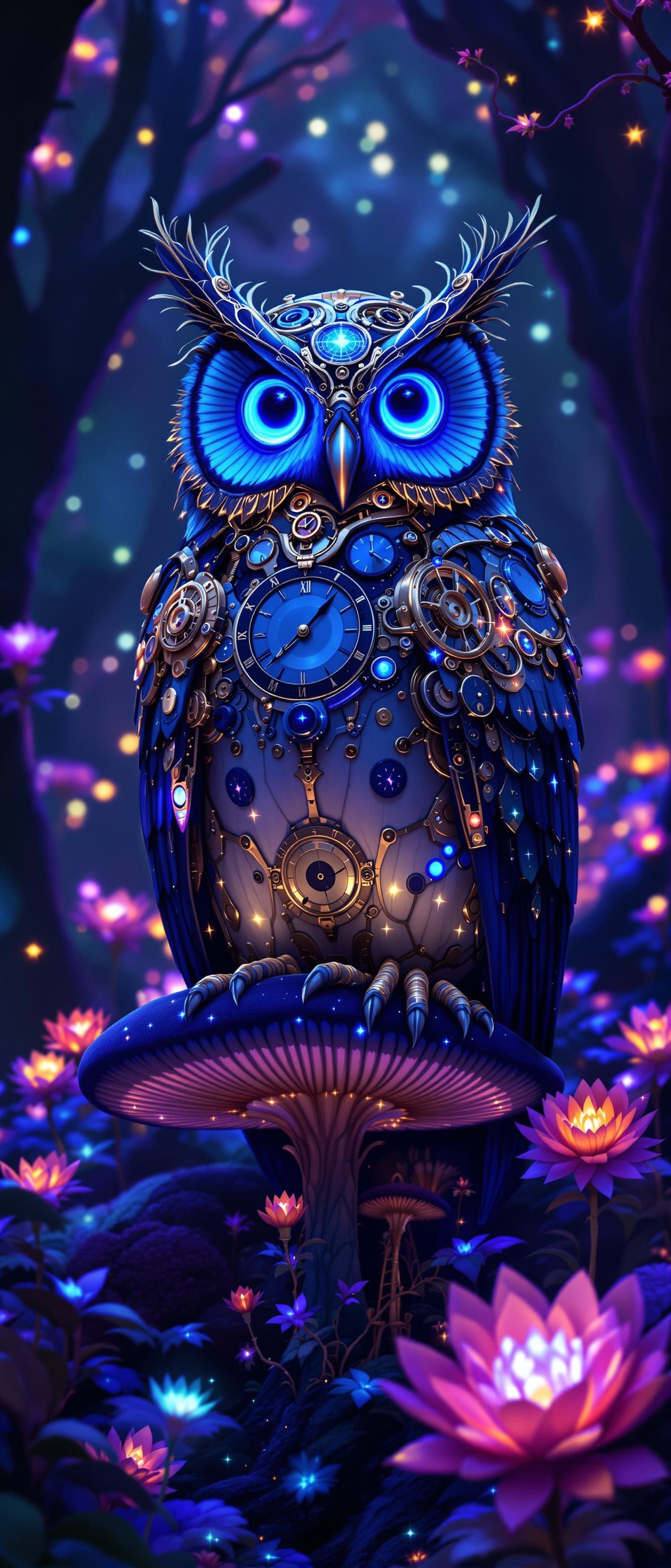 Clockwork Owl on Iridescent Mushroom in Bioluminescent Fores...