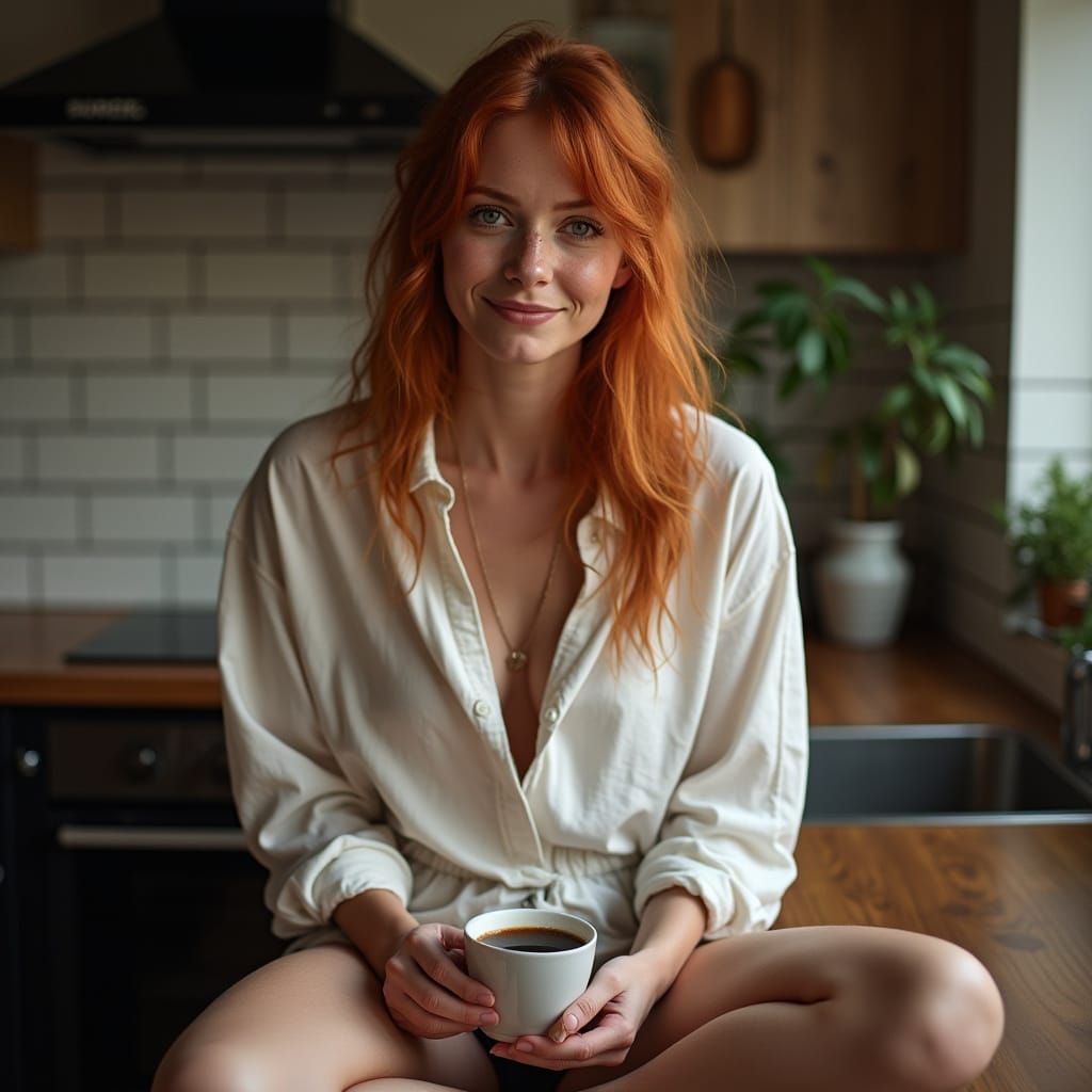 Red-Haired Woman with Coffee, Realistic Photography