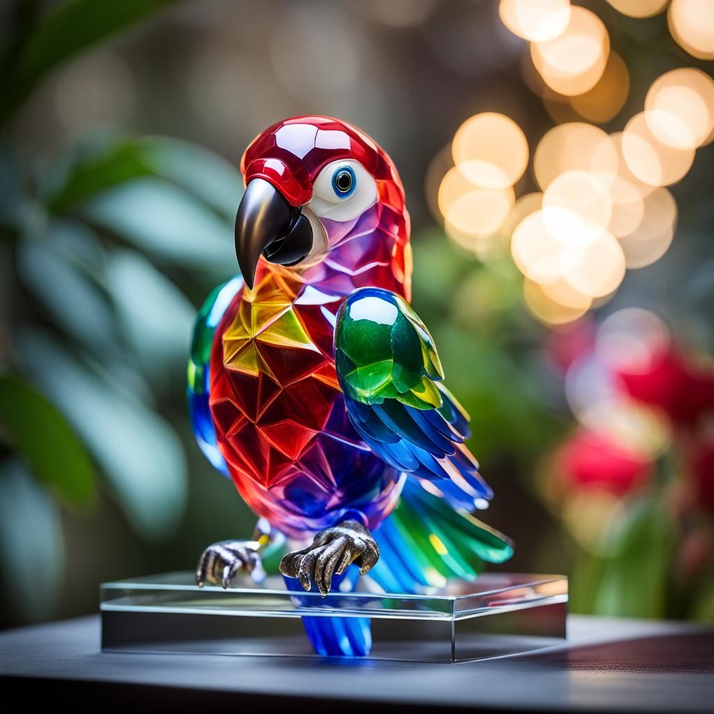 Vibrant Parrot Glass Sculpture with Bokeh