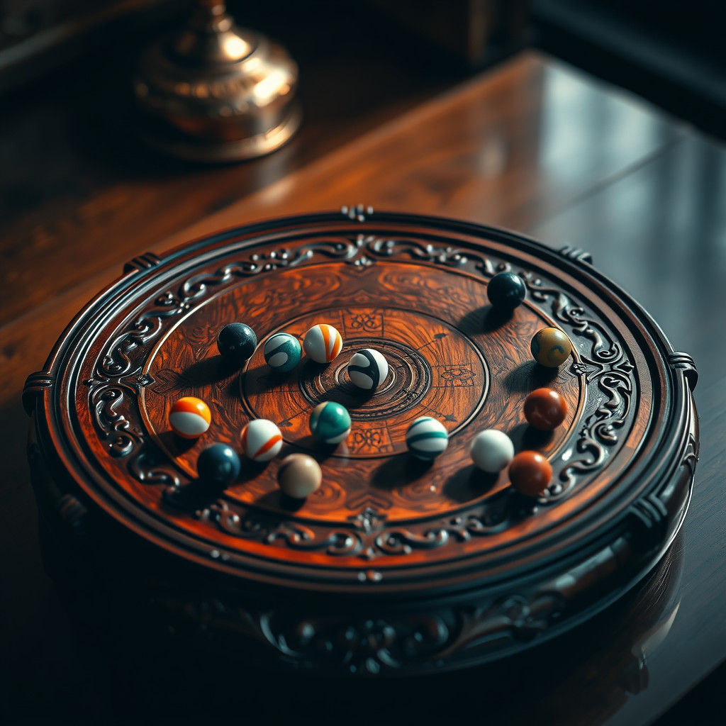Marble Solitaire Game on Ornate Wooden Board