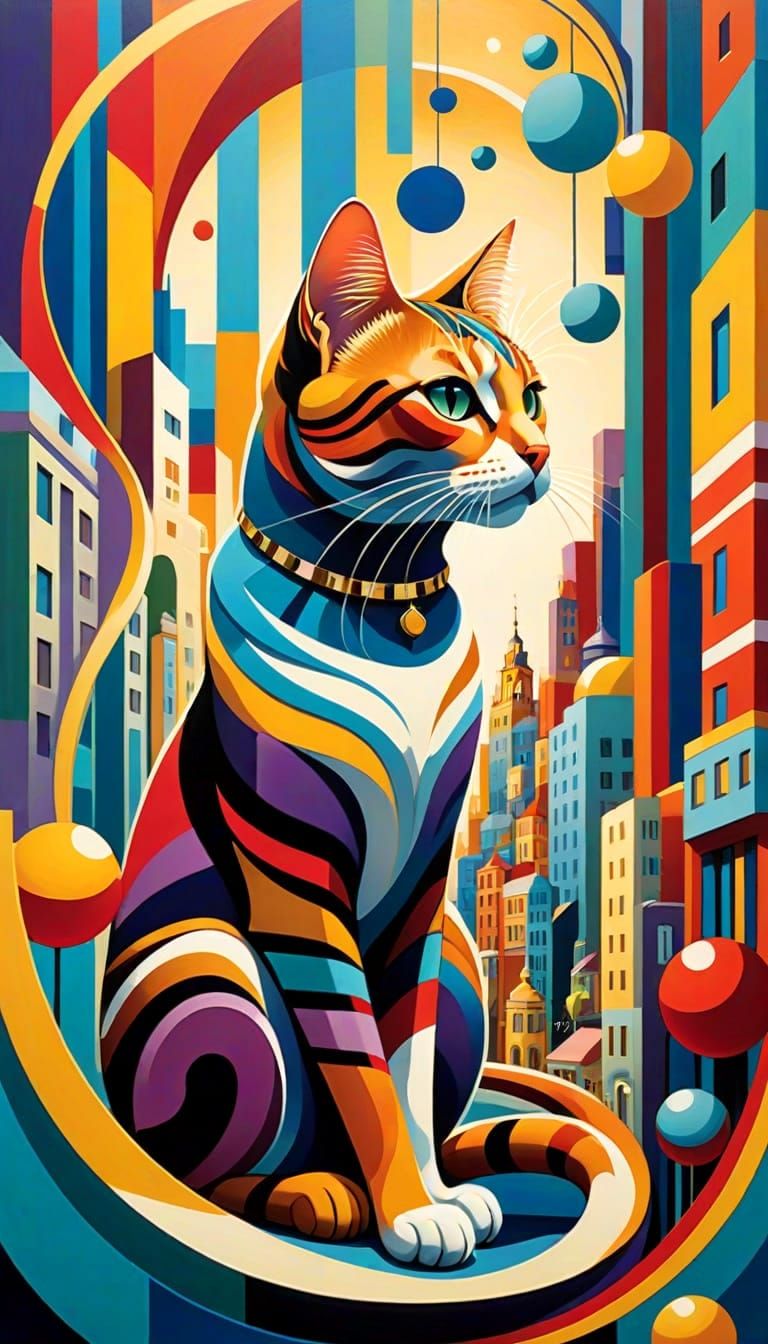 Surreal Art Nouveau Cityscape with Striped Cat