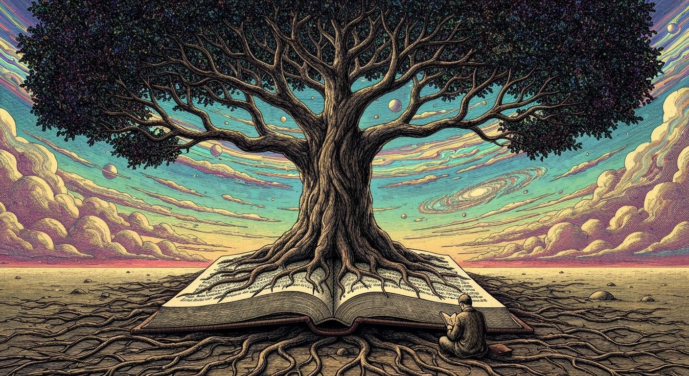 Ancient Tree Grows From Giant Book Under Cosmic Sky