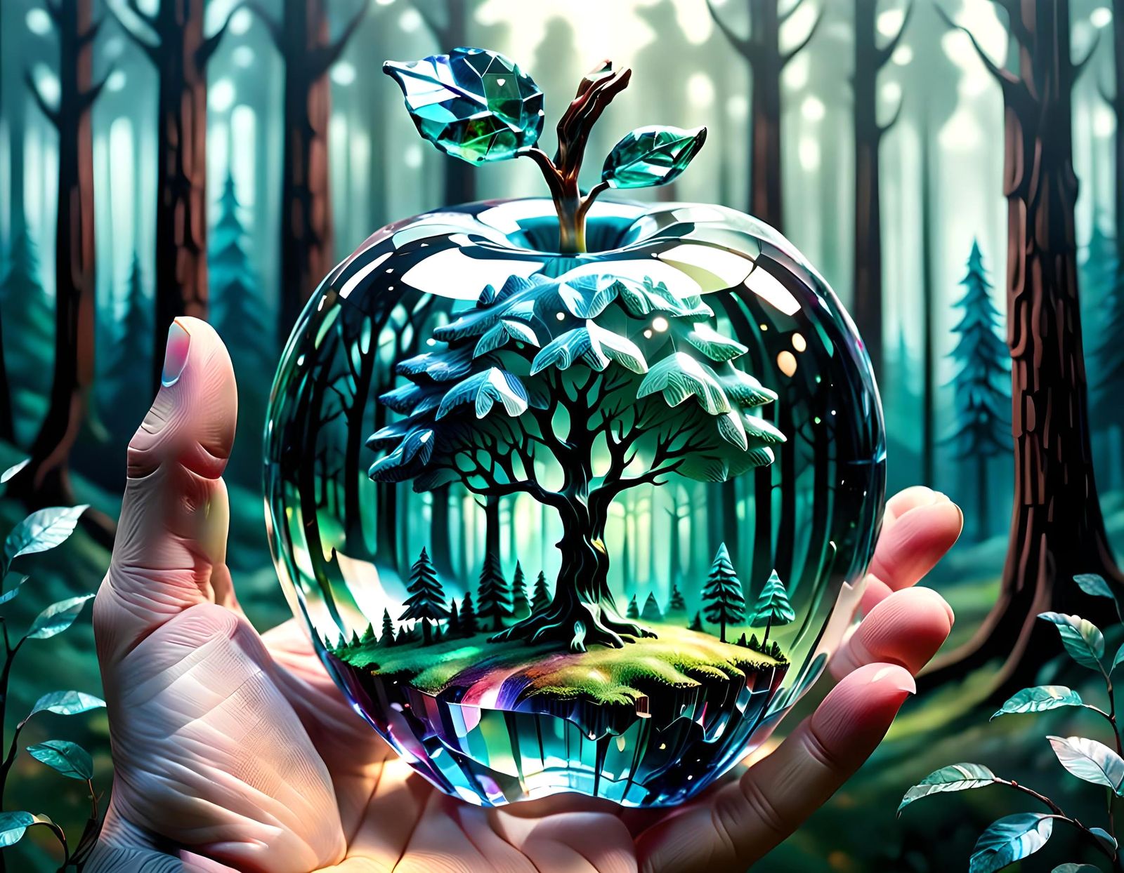 a hand holding a transparent crystal apple with a forest sce...