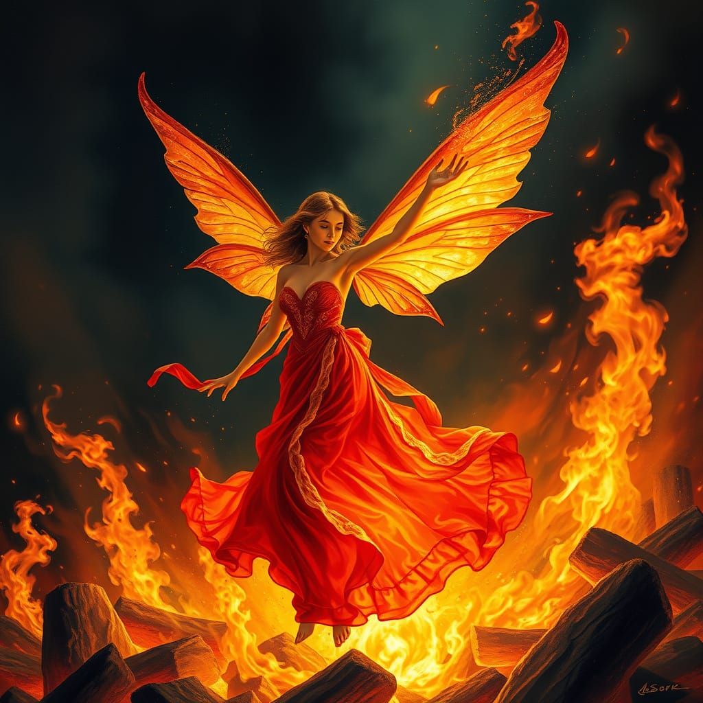 Fire Fairy Dancing in Bonfire, Hyperrealistic Ethereal Art