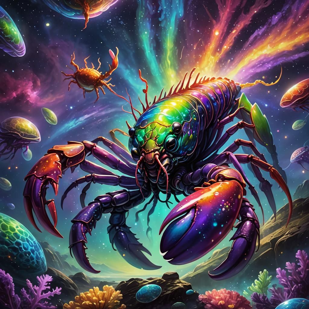 Rainbow Alien Lobster in Mystical Nebula: Fantasy Concept Ar...