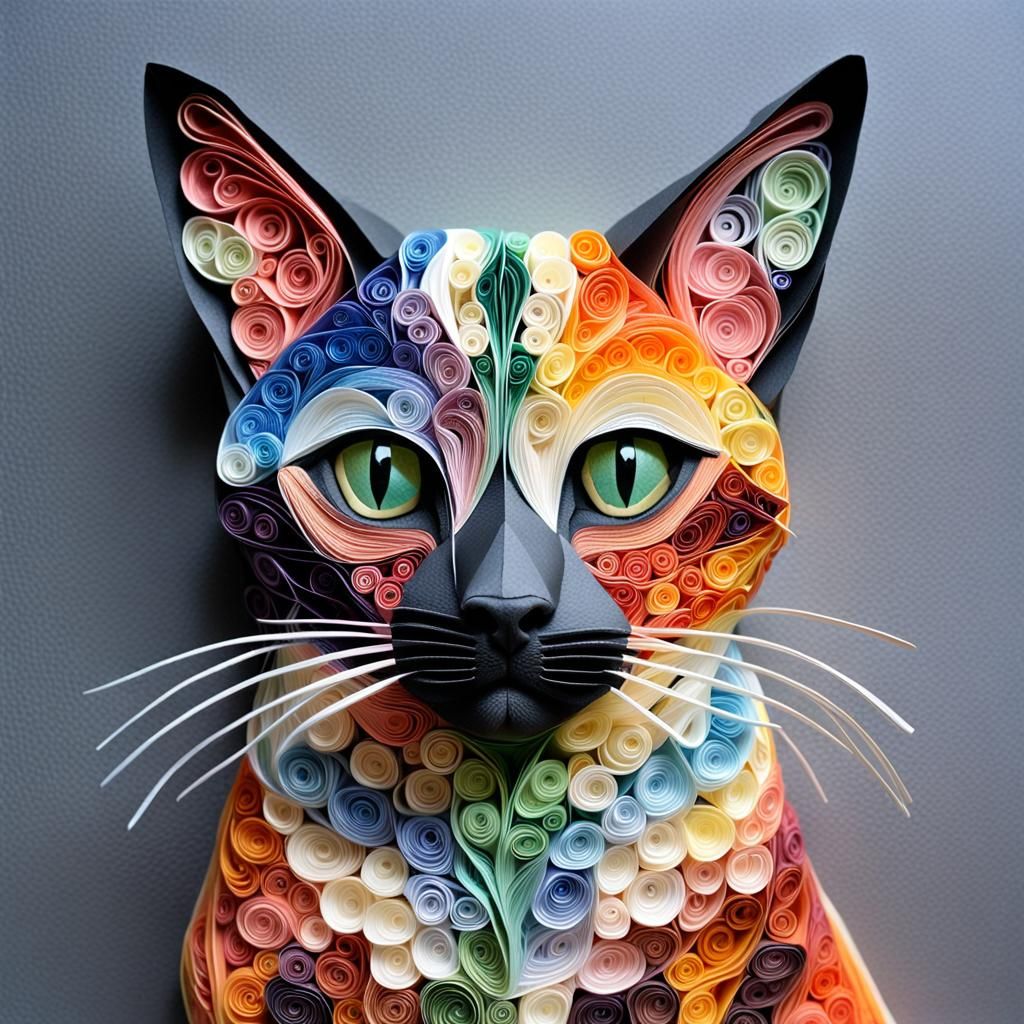 Mythical Siamese Cat Paper Sculpture in Pastel Colors