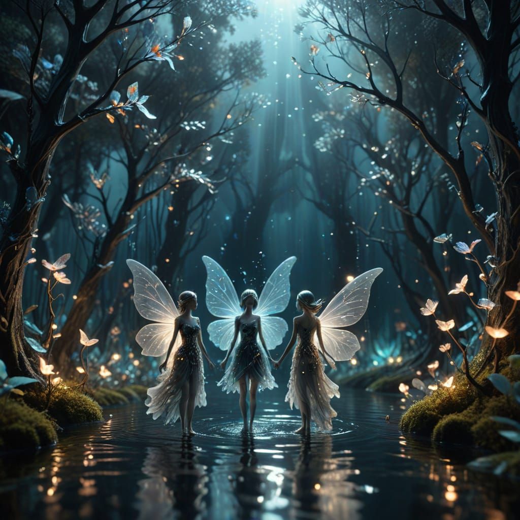 Surreal Miniature People in Bioluminescent Landscape