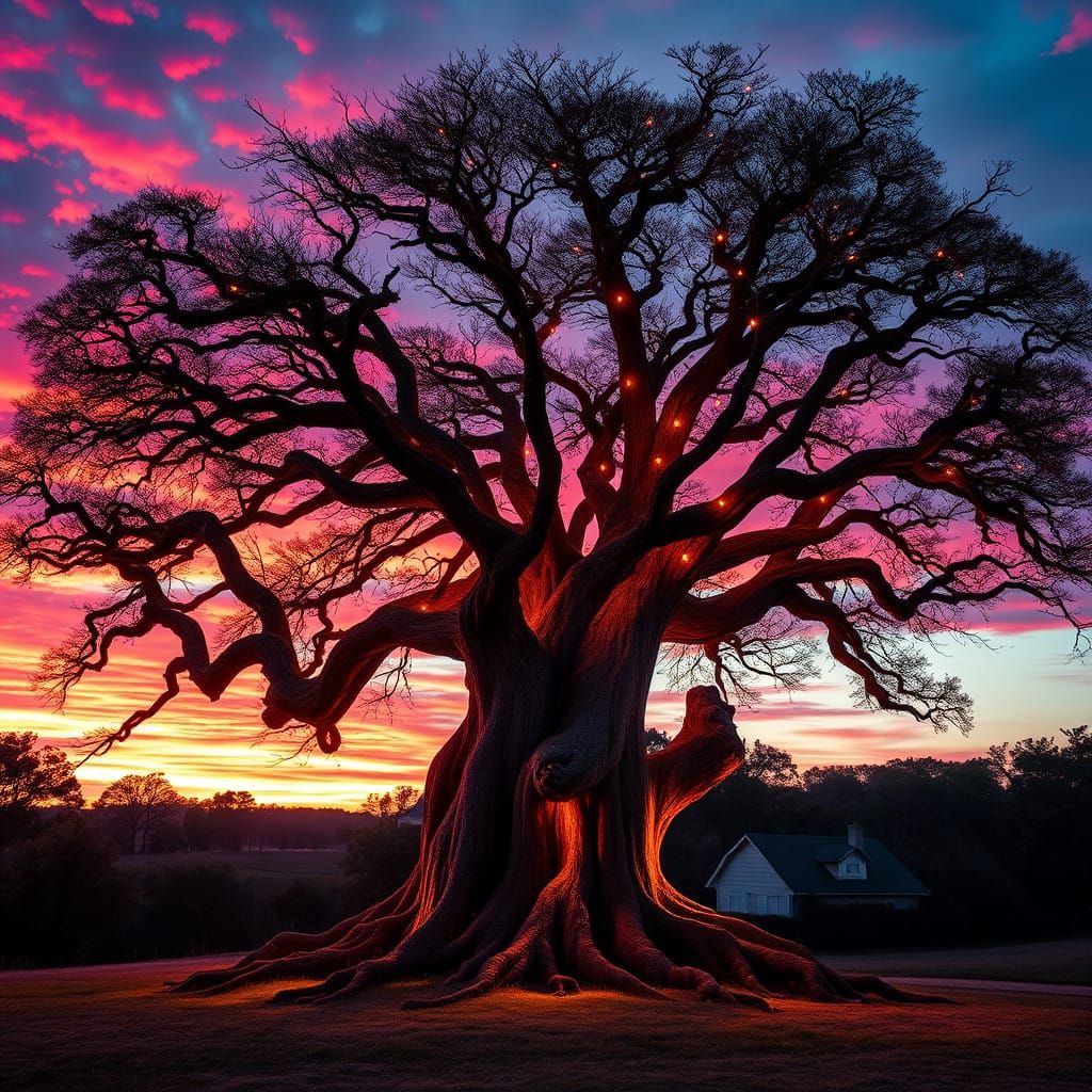 Vibrant Sunset Castle Tree in Whimsical Glory