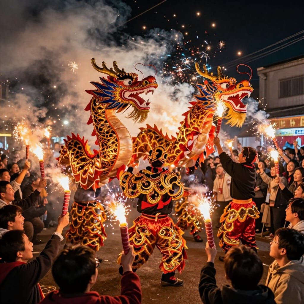 Dragon and Lion Dance Celebration with Firecrackers in Ukiyo...