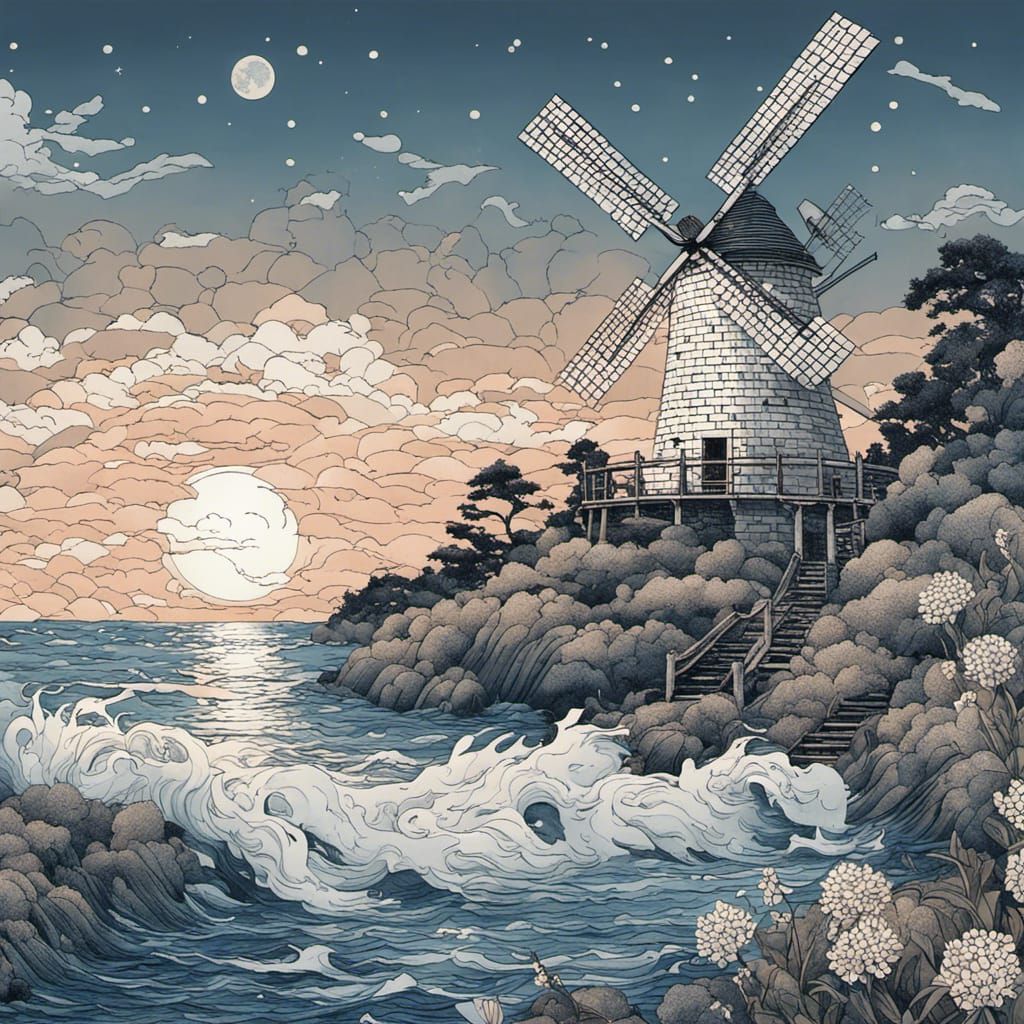 Fairytale Windmill Illustration by the Sea