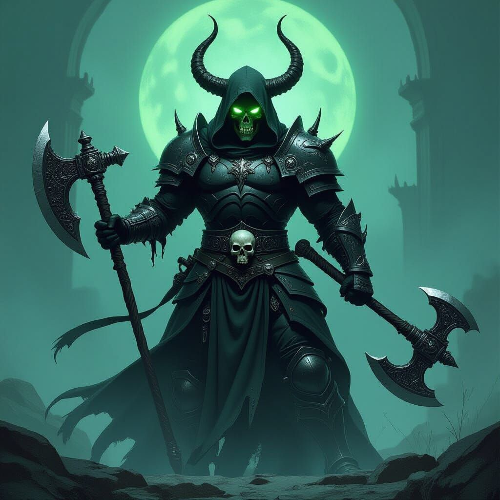 Skull-Faced Warrior in Gothic Armor with Green Aura