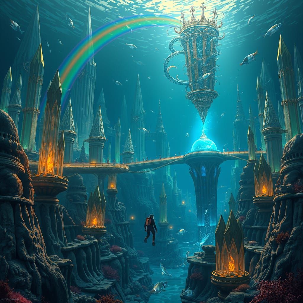 Underwater Metropolis: Diver in a Surreal Atlantis
