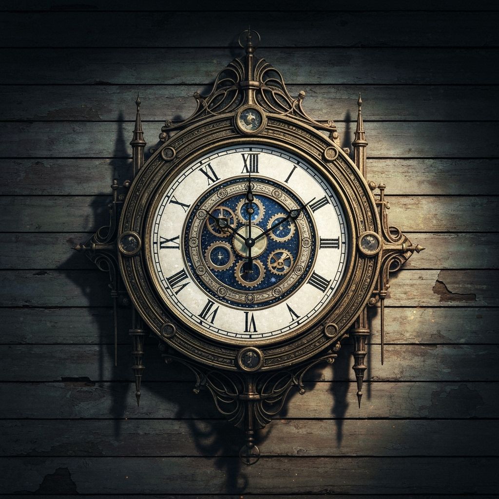 Fantastical Gothic Wall Clock on Weathered Wood