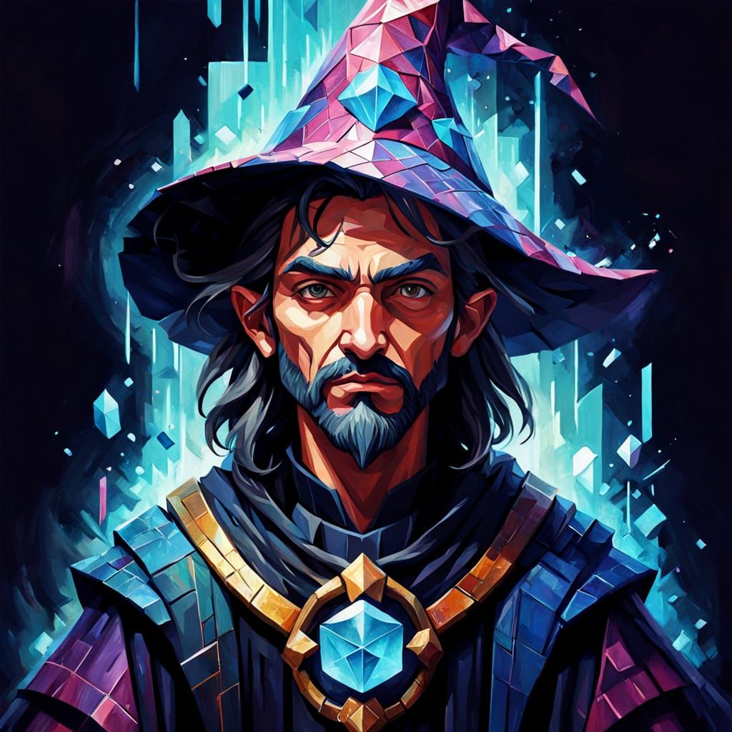Fantasy Wizard Pixelation in Cubist Digital Art