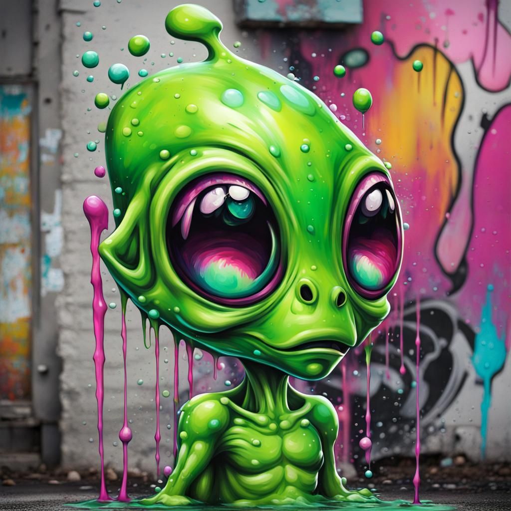 Colorful Graffiti Art: Cute Green Alien