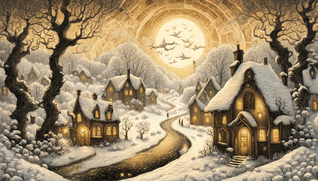 Whimsical English Winter Wonderland in Intricate Ink Illustr...
