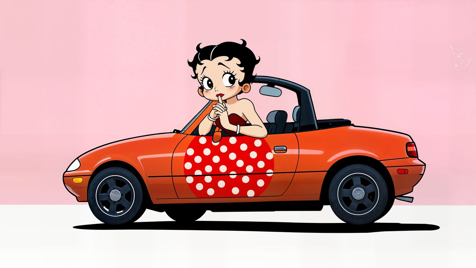 Betty Boop driving a 1991 Mazda MX-5