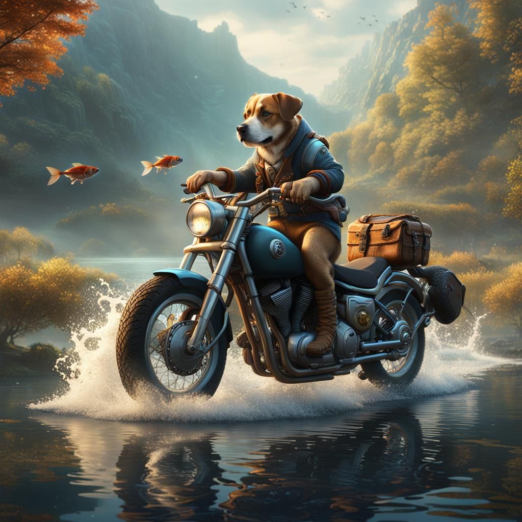 Dog on Motorcycle Fishing: Fantasy Concept Art