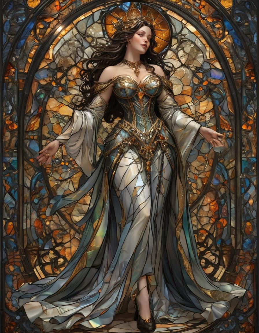 Stained-Glass Witch with Flowing Dress in Opal Glass