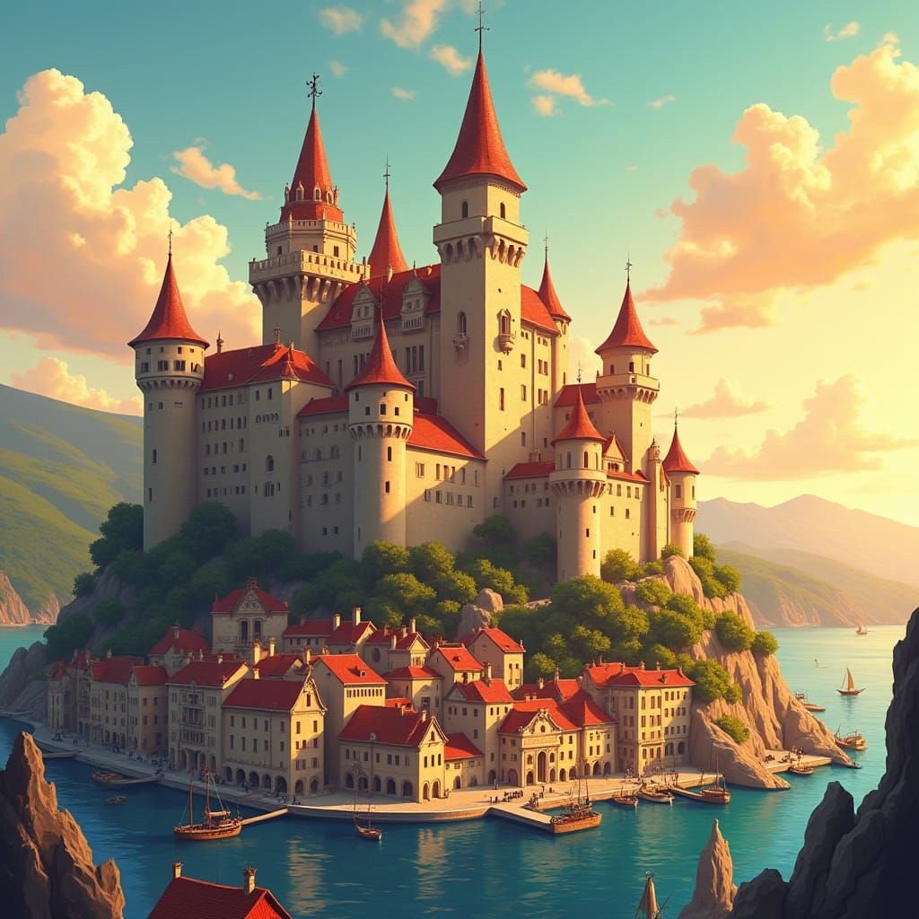 European Castle Over Medieval City, Anime Style