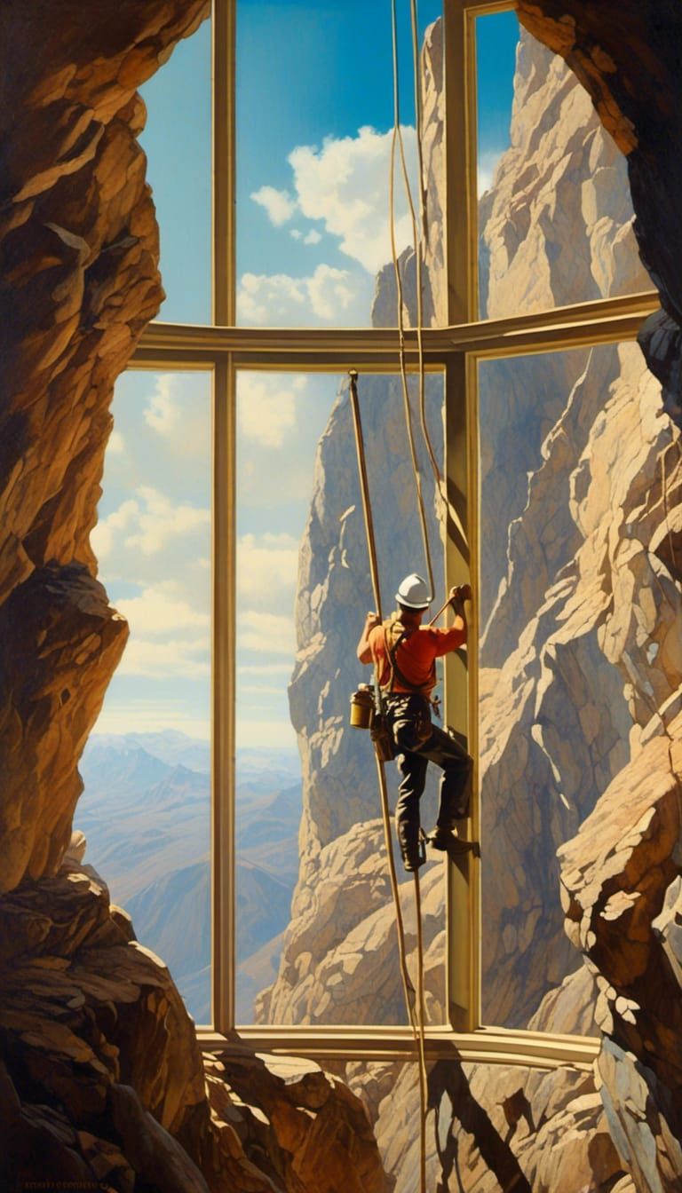 Window Cleaner Ascends Glass Mountain: Oil Painting