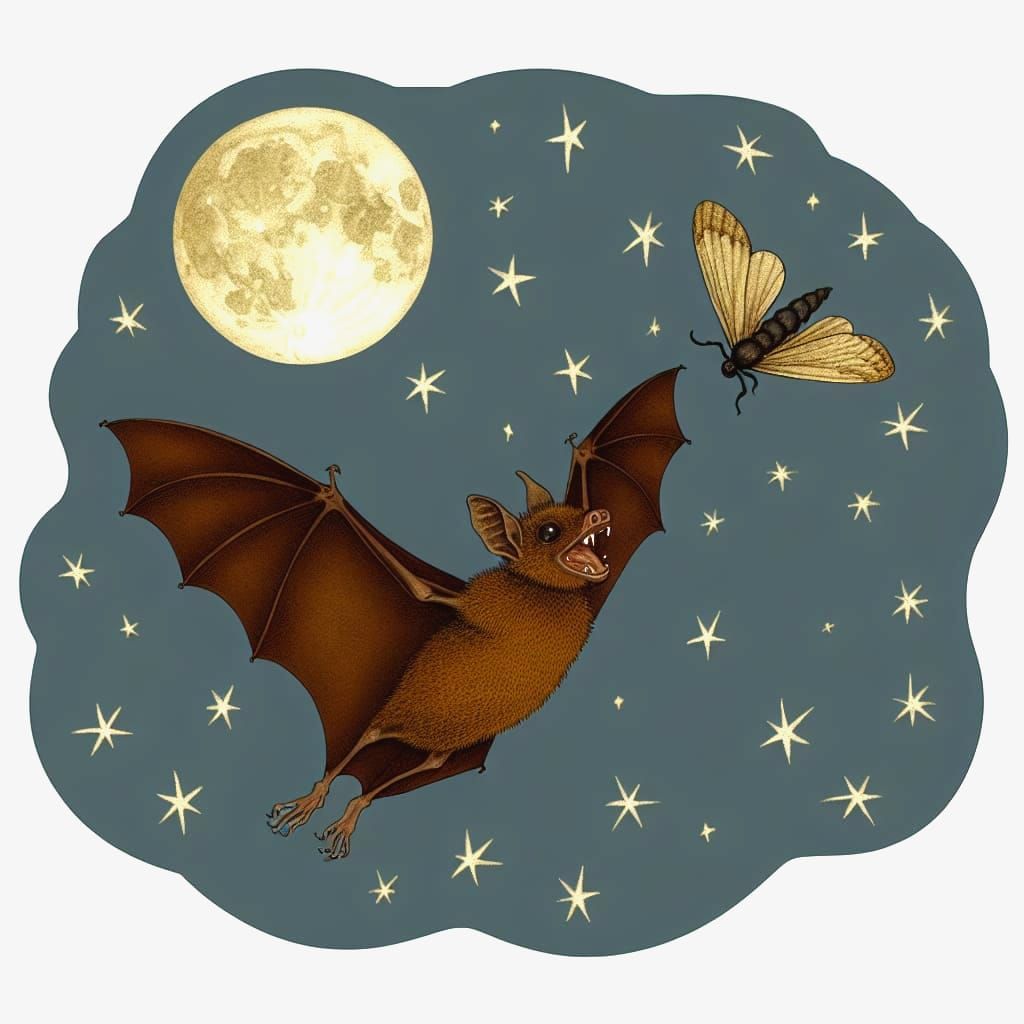 Brown Bat Soaring Under Starry Sky: Vintage Illustration